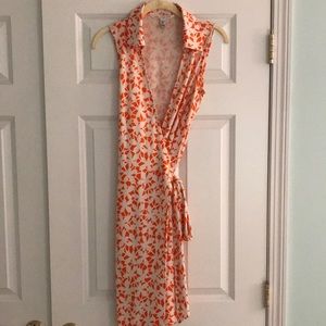 Iconic Diane von Furstenburg Wrap Dress Sleeveless Collar Orange White Floral 6
